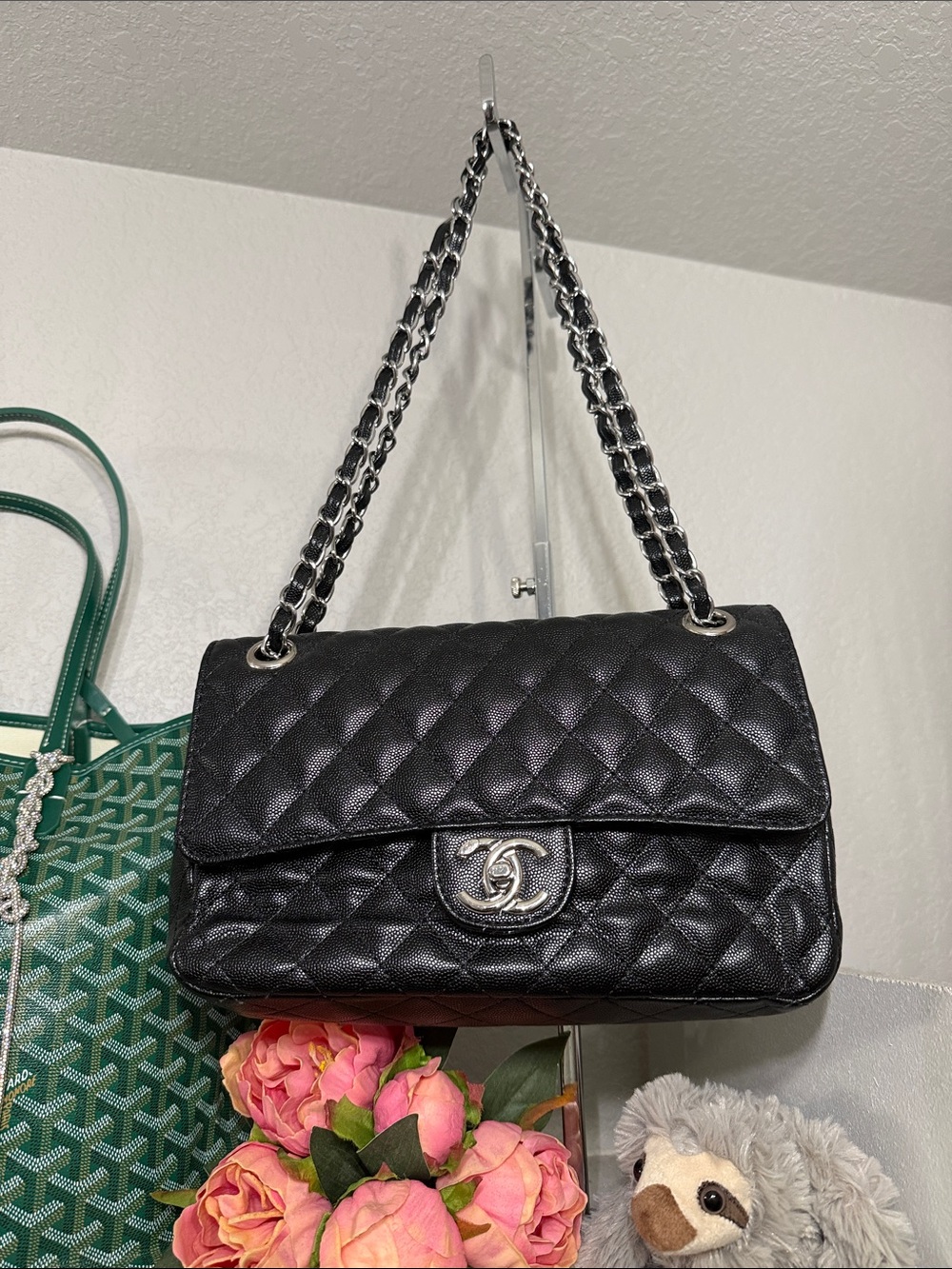 Black flap bag with silver hardware